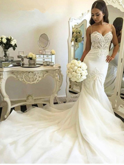 Delicate Tulle Lace Spaghetti Strap Wedding Dress Court Train wedding gowns bridal dresses