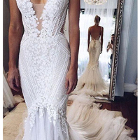 Appliques V-Neck Elegant Mermaid Open-Back Wedding Dress - Thumbnail 1
