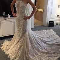 Elegant Halter Sleeveless Mermaid Court Train Lace Wedding Dress with Sash - Thumbnail 2