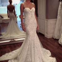 Spaghetti Straps Backless Court Train Mermaid Wedding Dress with Appliques - Thumbnail 1