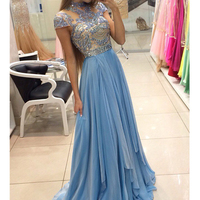 Delicate Beading Chiffon A-line Prom Dress Cap Sleeve Sweep Train Lace Evening Dresses - Thumbnail 1