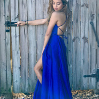 Simple Spaghetti Straps Royal Blue Long Prom Dress with Slit - Thumbnail 1