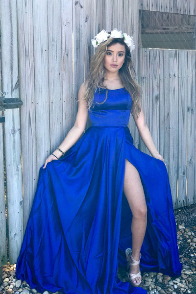 Simple Spaghetti Straps Royal Blue Long Prom Dress with Slit