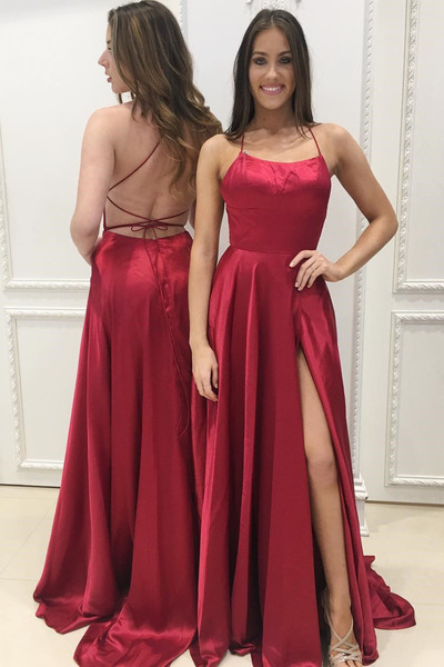 Sexy Straps Red Long Prom Dress with Slit Criss Back Evening Party Dresses