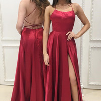 Sexy Straps Red Long Prom Dress with Slit Criss Back Evening Party Dresses - Thumbnail 1
