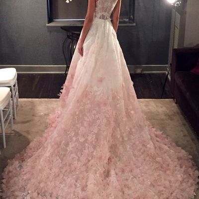 V-neck silk organza ball gown wedding dress with blush ombre floral  - Thumbnail 5