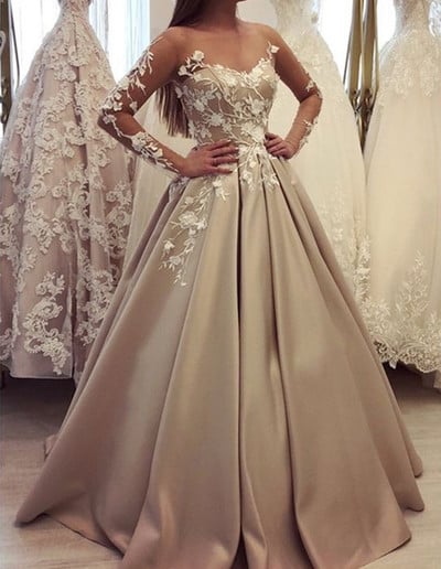 Generous Long Sleeve Ball Gown Champagne Prom Dresses, Luxury Lace Wedding Dress for Bridal