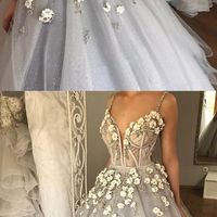 Gray Tulle Spaghetti Straps Sexy Long Prom Dress,Beaded Evening Dress with 3D Flowers - Thumbnail 1