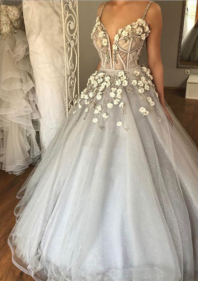 Gray Tulle Spaghetti Straps Sexy Long Prom Dress,Beaded Evening Dress with 3D Flowers