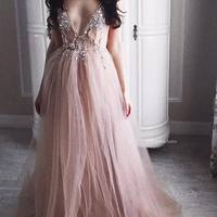 Chic Prom Dresses Spaghetti Straps A Line Floor-length Long Tulle Sexy Prom Dress - Thumbnail 1
