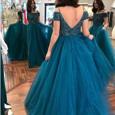 Ball gown off-the-shoulder dark blue tulle prom dress with beading - Thumbnail 5