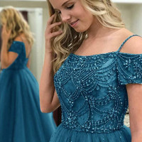 Ball Gown Off-the-Shoulder Dark Blue Tulle Prom Dress with Beading - Thumbnail 1