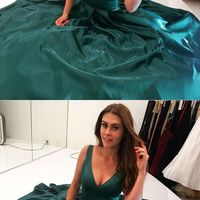 Princess Green V-Neck Long Satin Prom Dress with Pockets,2018 Evening Dresses - Thumbnail 1