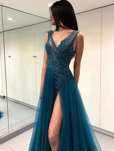 A-Line Prom Dresses Deep V Blue Tulle Modest Long Prom Dress Evening Dress