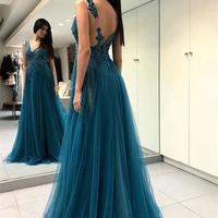 A-Line Prom Dresses Deep V Blue Tulle Modest Long Prom Dress Evening Dress - Thumbnail 1
