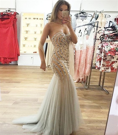 Mermaid Sweetheart Sweep Train Light Champagne Prom Dress with Beading