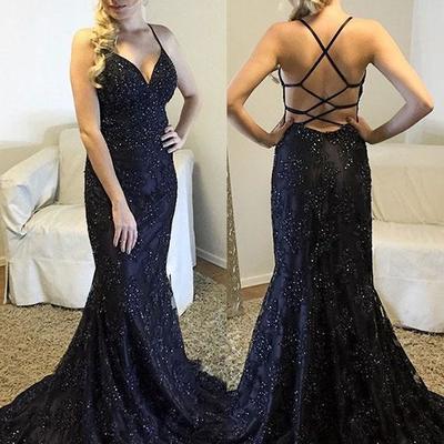 Sexy black lace v-neck long prom dress,mermaid evening dress with beading - Thumbnail 5