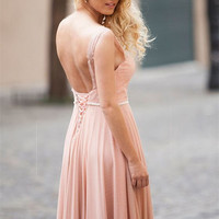 Elegant A-line Blush Pink Sleeveless Lace Prom/Evening Dresses - Thumbnail 1