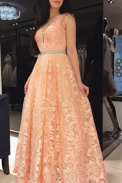 Vintage Floral Lace Long Prom Dresses Sexy V-Neck A-Line Evening Party Dresses