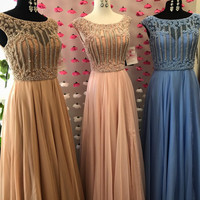 Gorgeous Champagne/Pink/Blue Chiffon Beaded Long Prom Dresses - Thumbnail 2