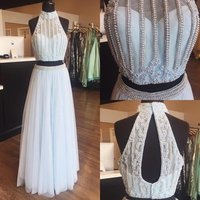 Charming Two Piece High Neck Open Back Beaded Long Blue Prom/Evening Dress - Thumbnail 1
