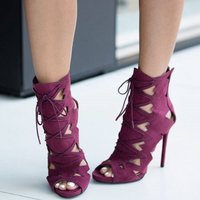 Hollow Out Peep Toe Lace Up Ankle Boot Stiletto High Heel Sandals Q-0039 - Thumbnail 1