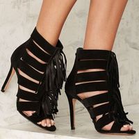 Tassels Straps Peep Toe Solid Color Stiletto High High Sandals Q-0040 - Thumbnail 2