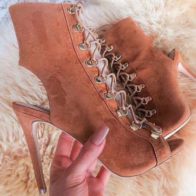 Roman lace up peep toe ankle boot stiletto high heel sandals q-0043