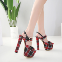 Hasp Plaid Peep Toe Platform Super High Stiletto High Heel Sandals Q-0049 - Thumbnail 2