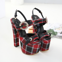 Hasp Plaid Peep Toe Platform Super High Stiletto High Heel Sandals Q-0049 - Thumbnail 3