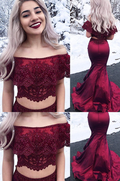 Elegant Two Pieces,Off the Shoulder Mermaid,Burgundy Long Prom Dresses