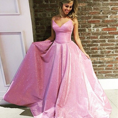 A-line spaghetti straps sleeveless sweep train pink sequined prom dress