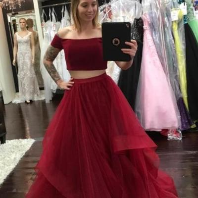Off the shoulder two piece red long prom dresses