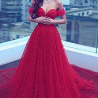 A-Line Off-the-Shoulder Court Train Dark Red Tulle Prom Dress - Thumbnail 1