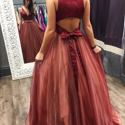 Princess two piece burgundy long prom dress