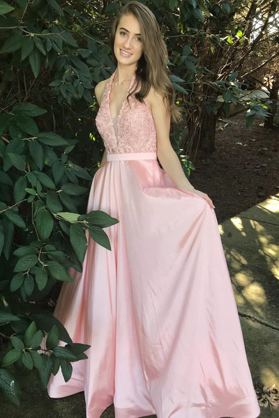 Elegant Halter V Neck Pink Long Prom Dress White Halter Prom Dresses