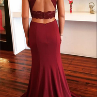 Burgundy Jersey 2 Pieces Prom Dresses,Sweep Train Open Back Prom Gowns - Thumbnail 1