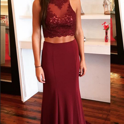 Burgundy jersey 2 pieces prom dresses,sweep train open back prom gowns