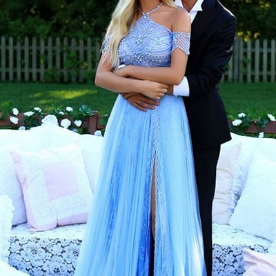 Sky blue halter unique long prom dresses long beading evening party dress