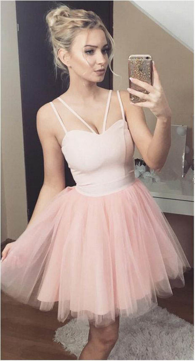 Short Pink Backless Homecoming Dress Spaghetti Straps Cocktail Dresses