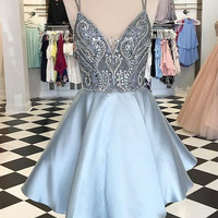 Sexy Spaghetti Straps A-Line Backless Mini Homecoming Dress with Beading - Thumbnail 1