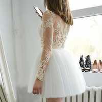 Two Piece Bateau Short White Tulle Homecoming Dress with Appliques Sleeves - Thumbnail 1
