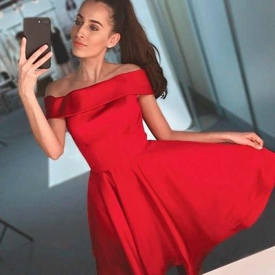 A-line off-the-shoulder red satin homecoming dress