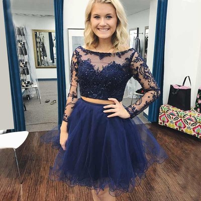 Two Piece Bateau Long Sleeves Dark Blue Homecoming Dress