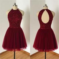 Beaded Bodice Halter Burgundy Tulle Homecoming Dresses,Open Back Short Formal Dresses - Thumbnail 1