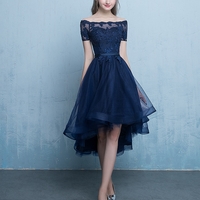 Dark blue lace tulle short prom dress, high low evening dress - Thumbnail 2