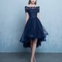 Dark blue lace tulle short prom dress, high low evening dress-2