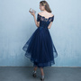 Dark blue lace tulle short prom dress, high low evening dress-3