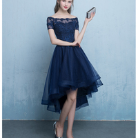 Dark blue lace tulle short prom dress, high low evening dress - Thumbnail 4