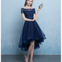 Dark blue lace tulle short prom dress, high low evening dress-4